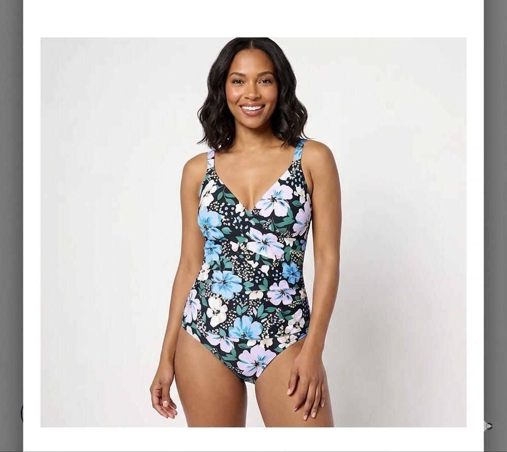 Jantzen Wrap Neck One-Piece with Adjustable Straps black floral breeze 10